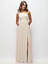 Front View Thumbnail - Oat One-Shoulder Chiffon Maxi Dress with Shirred Front Slit