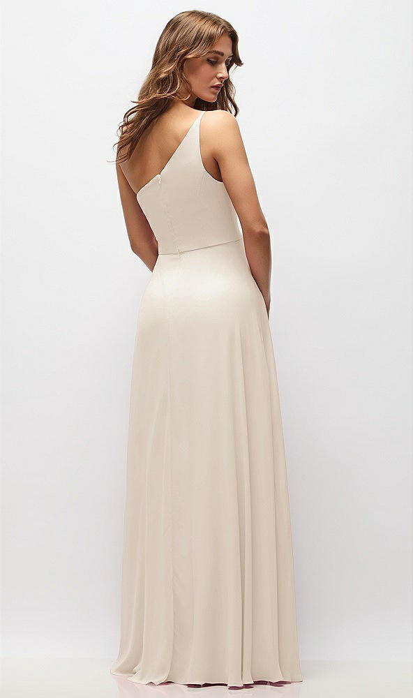 Back View - Oat One-Shoulder Chiffon Maxi Dress with Shirred Front Slit