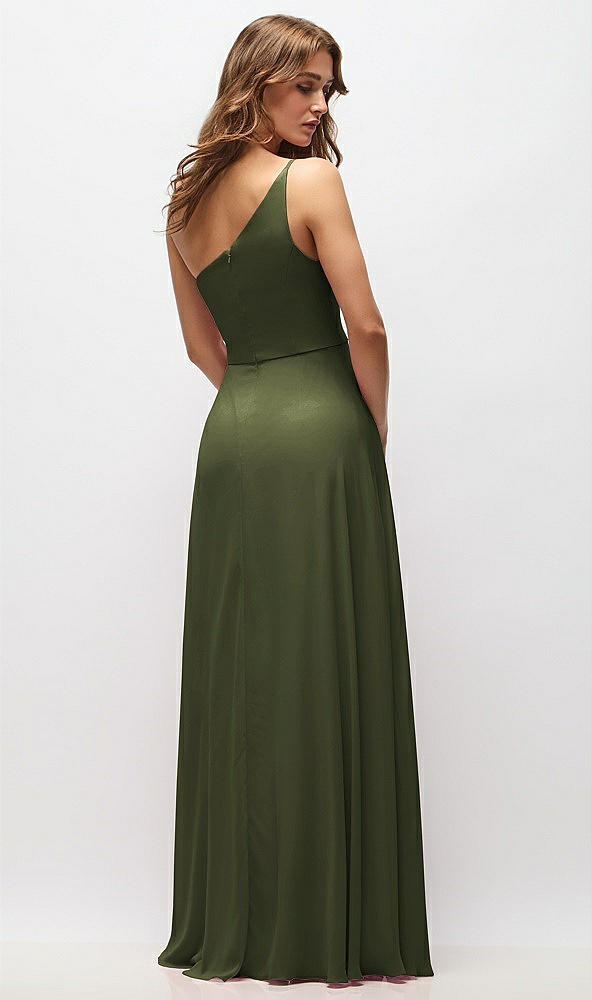 Back View - Olive Green One-Shoulder Chiffon Maxi Dress with Shirred Front Slit