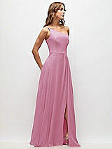 Side View Thumbnail - Powder Pink One-Shoulder Chiffon Maxi Dress with Shirred Front Slit