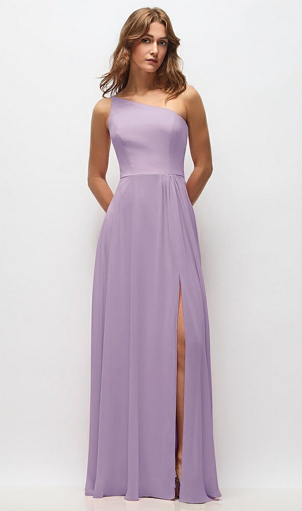 Front View - Pale Purple One-Shoulder Chiffon Maxi Dress with Shirred Front Slit