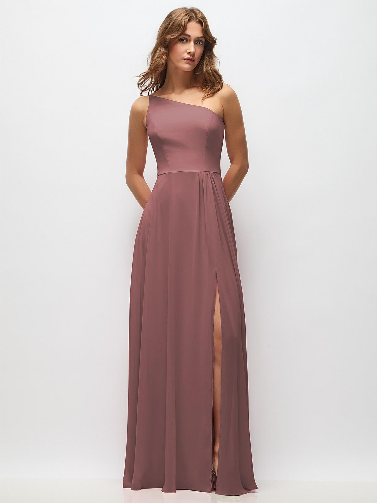 One-shoulder Chiffon Maxi Bridesmaid Dress With Shirred Front Slit