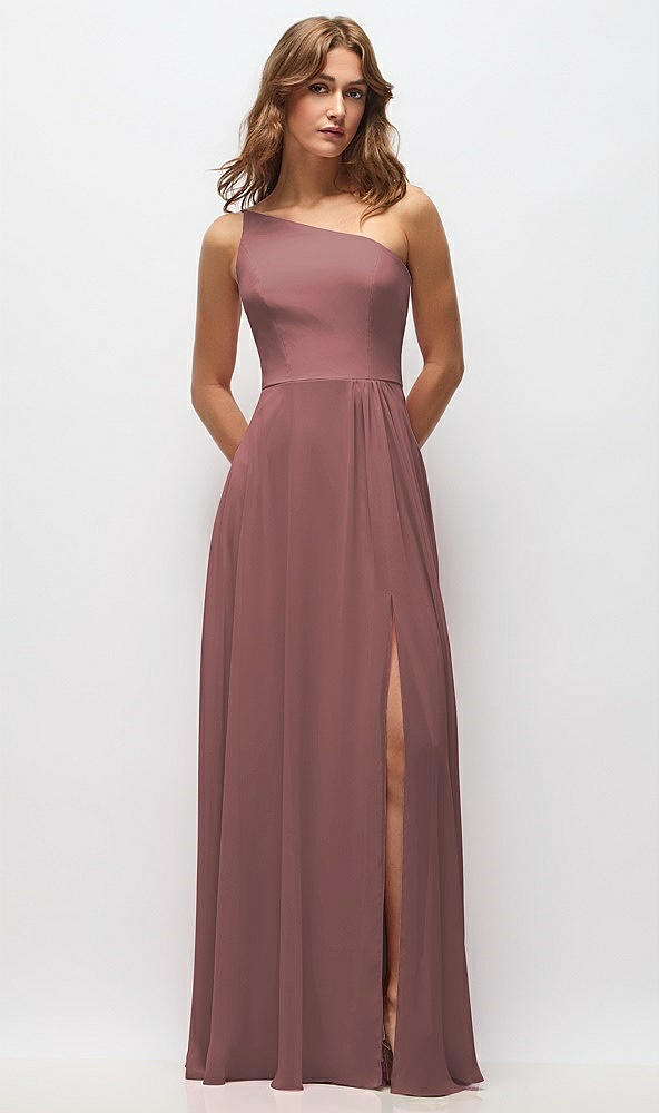 Front View - Rosewood One-Shoulder Chiffon Maxi Dress with Shirred Front Slit