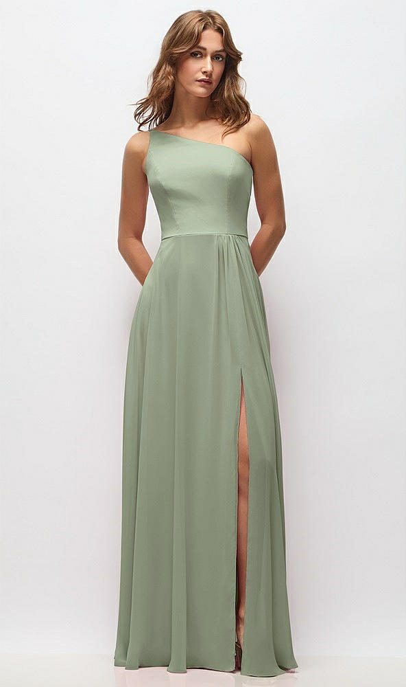 Front View - Sage One-Shoulder Chiffon Maxi Dress with Shirred Front Slit
