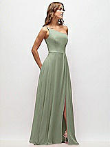 Side View Thumbnail - Sage One-Shoulder Chiffon Maxi Dress with Shirred Front Slit