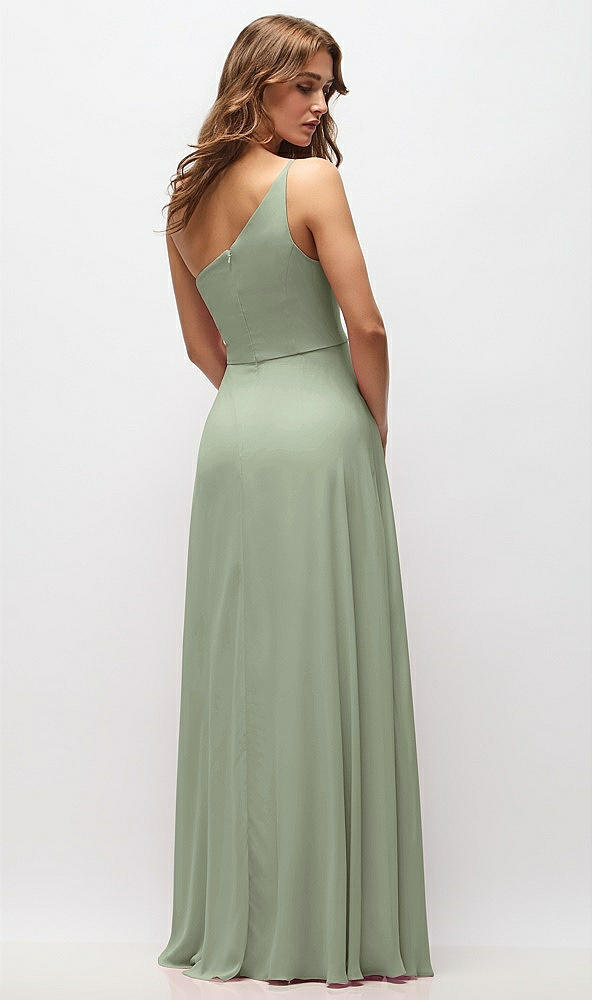 Back View - Sage One-Shoulder Chiffon Maxi Dress with Shirred Front Slit