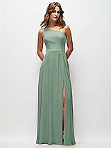 Front View Thumbnail - Seagrass One-Shoulder Chiffon Maxi Dress with Shirred Front Slit