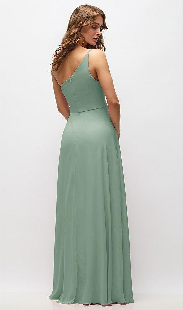 Back View - Seagrass One-Shoulder Chiffon Maxi Dress with Shirred Front Slit