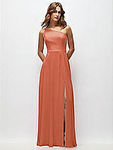 Front View Thumbnail - Terracotta Copper One-Shoulder Chiffon Maxi Dress with Shirred Front Slit