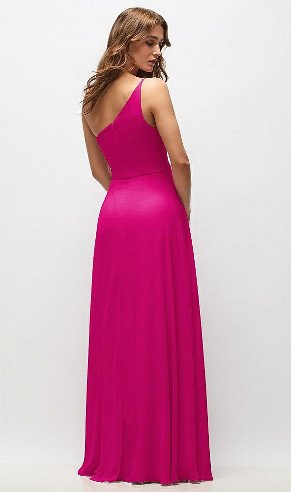 Back View - Think Pink One-Shoulder Chiffon Maxi Dress with Shirred Front Slit