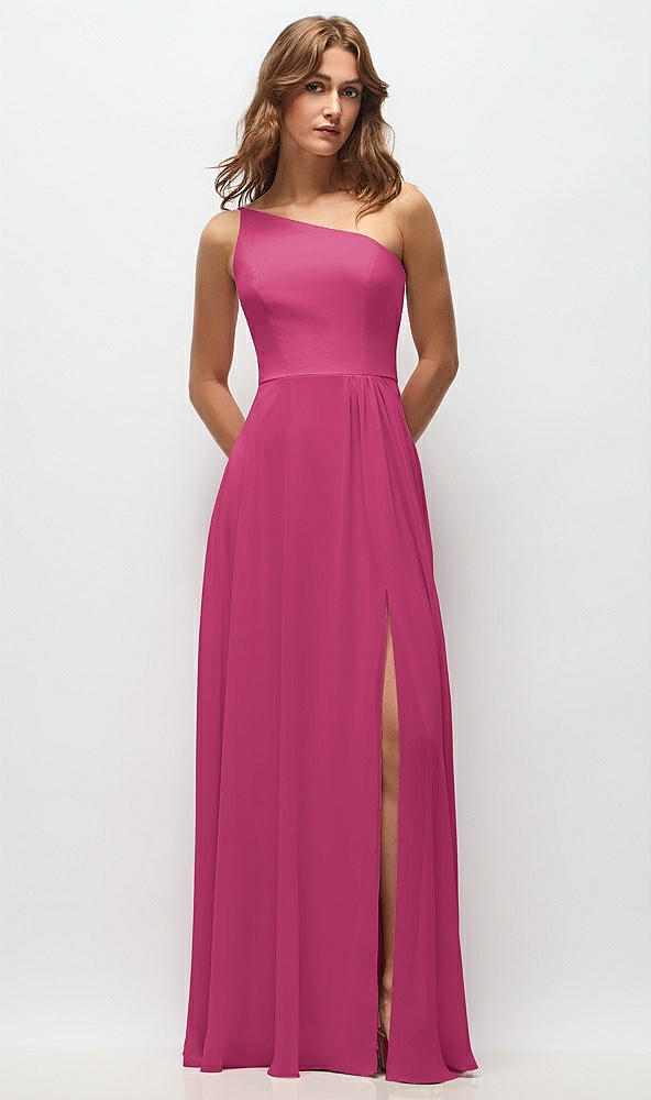 Front View - Tea Rose One-Shoulder Chiffon Maxi Dress with Shirred Front Slit