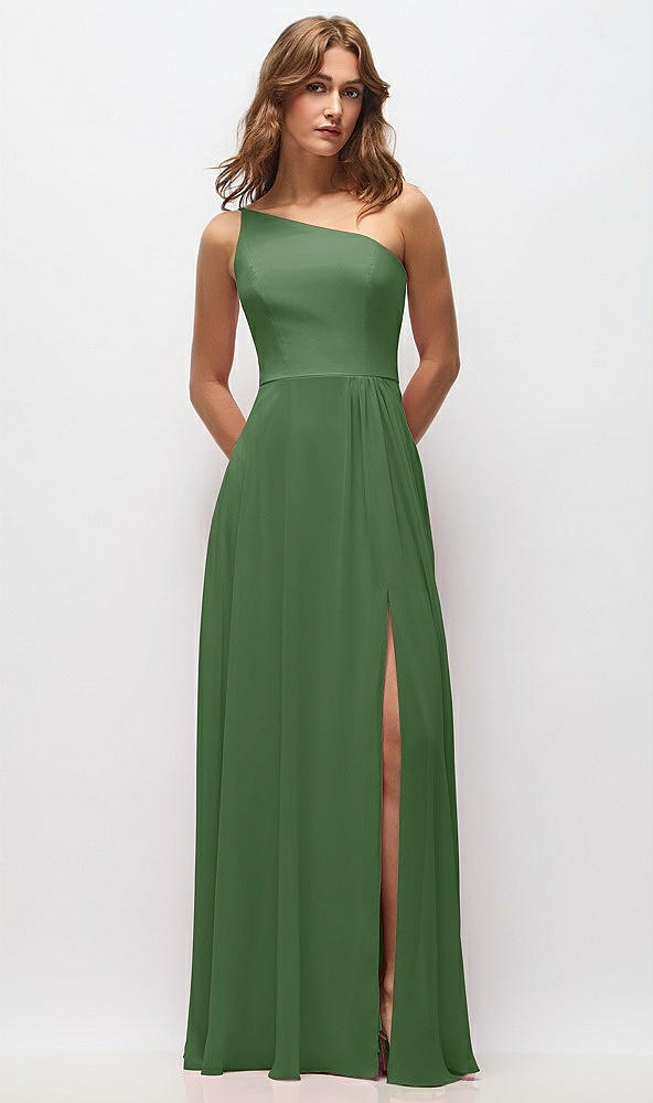 Front View - Vineyard Green One-Shoulder Chiffon Maxi Dress with Shirred Front Slit