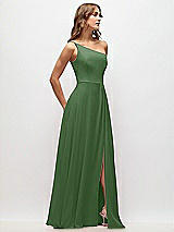 Side View Thumbnail - Vineyard Green One-Shoulder Chiffon Maxi Dress with Shirred Front Slit