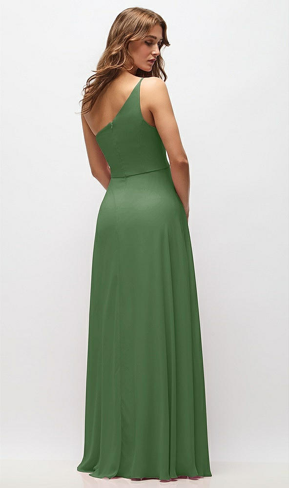 Back View - Vineyard Green One-Shoulder Chiffon Maxi Dress with Shirred Front Slit