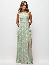 Front View Thumbnail - Vintage Primrose Sage One-Shoulder Chiffon Maxi Dress with Shirred Front Slit