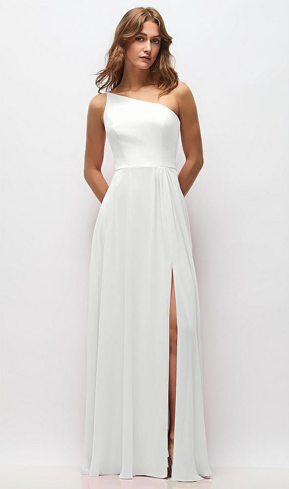 Front View - White One-Shoulder Chiffon Maxi Dress with Shirred Front Slit