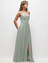 Side View Thumbnail - Willow Green One-Shoulder Chiffon Maxi Dress with Shirred Front Slit
