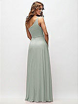 Rear View Thumbnail - Willow Green One-Shoulder Chiffon Maxi Dress with Shirred Front Slit