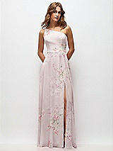 Front View Thumbnail - Watercolor Print One-Shoulder Chiffon Maxi Dress with Shirred Front Slit