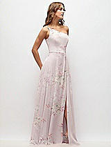 Side View Thumbnail - Watercolor Print One-Shoulder Chiffon Maxi Dress with Shirred Front Slit