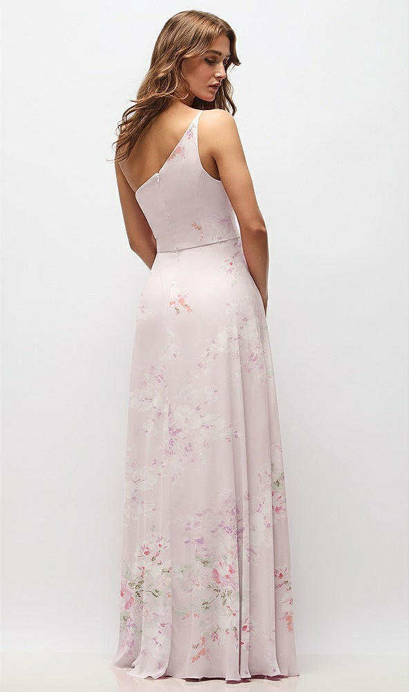 Back View - Watercolor Print One-Shoulder Chiffon Maxi Dress with Shirred Front Slit