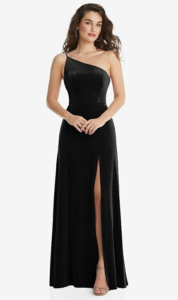 Front View - Black One-Shoulder Spaghetti Strap Velvet Maxi Dress with Pockets