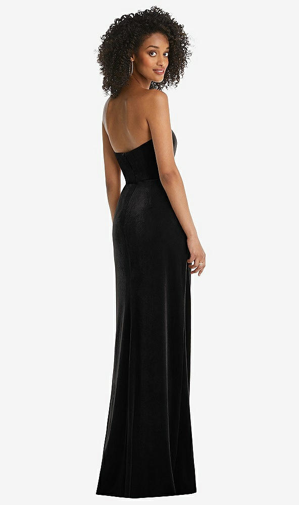 Back View - Black Strapless Velvet Maxi Dress with Draped Cascade Skirt