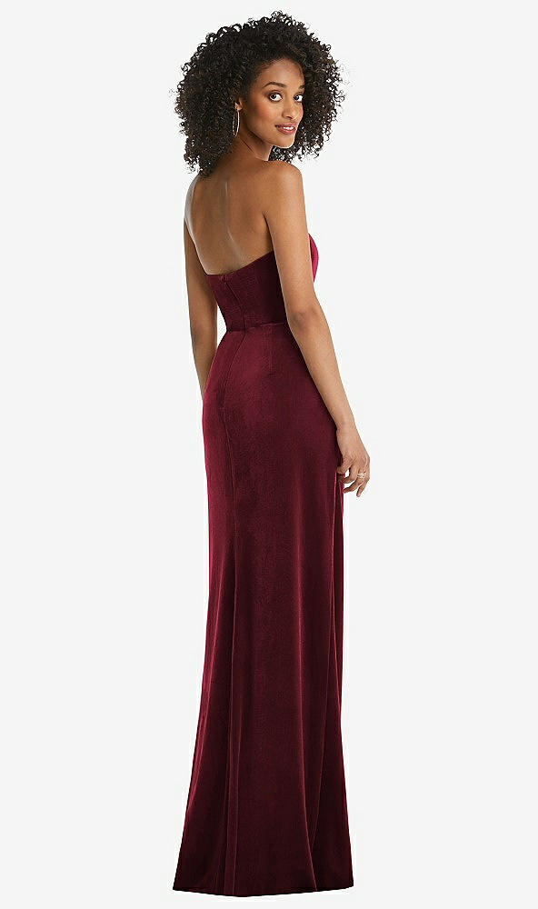 Back View - Cabernet Strapless Velvet Maxi Dress with Draped Cascade Skirt