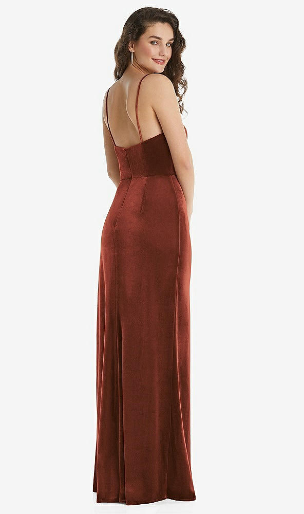 Back View - Auburn Moon Spaghetti Strap Velvet Maxi Dress with Draped Cascade Skirt