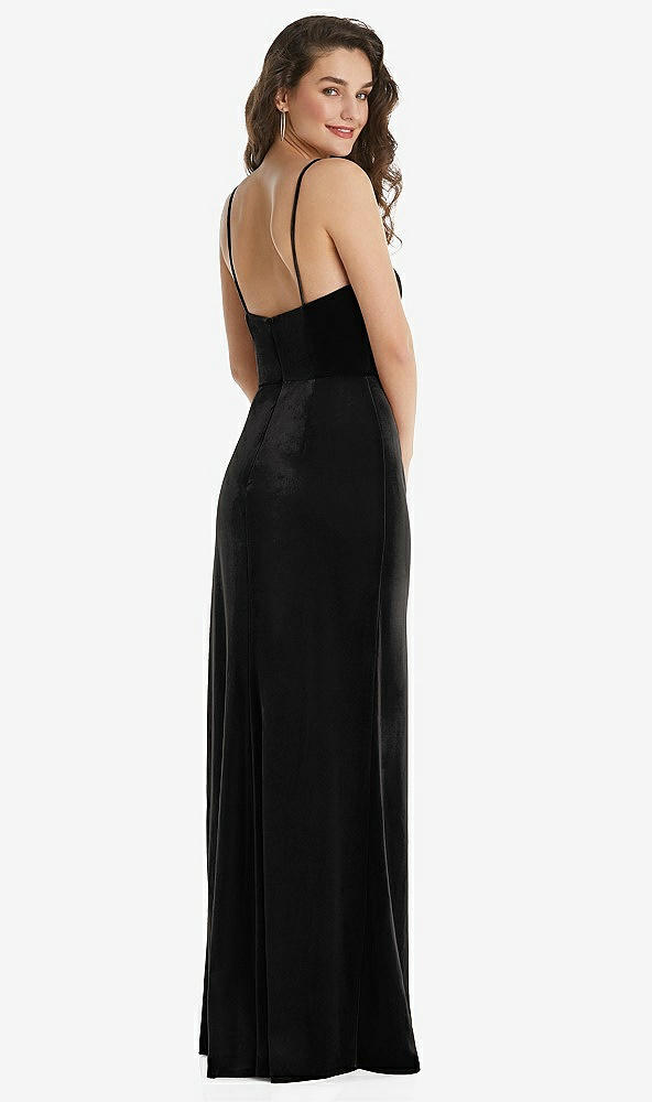 Back View - Black Spaghetti Strap Velvet Maxi Dress with Draped Cascade Skirt