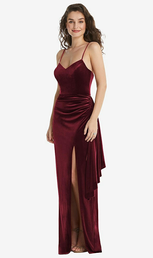 Front View - Cabernet Spaghetti Strap Velvet Maxi Dress with Draped Cascade Skirt
