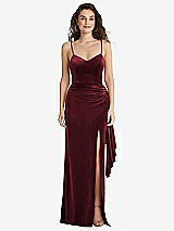Side View Thumbnail - Cabernet Spaghetti Strap Velvet Maxi Dress with Draped Cascade Skirt