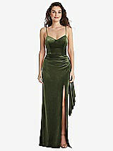 Side View Thumbnail - Olive Green Spaghetti Strap Velvet Maxi Dress with Draped Cascade Skirt