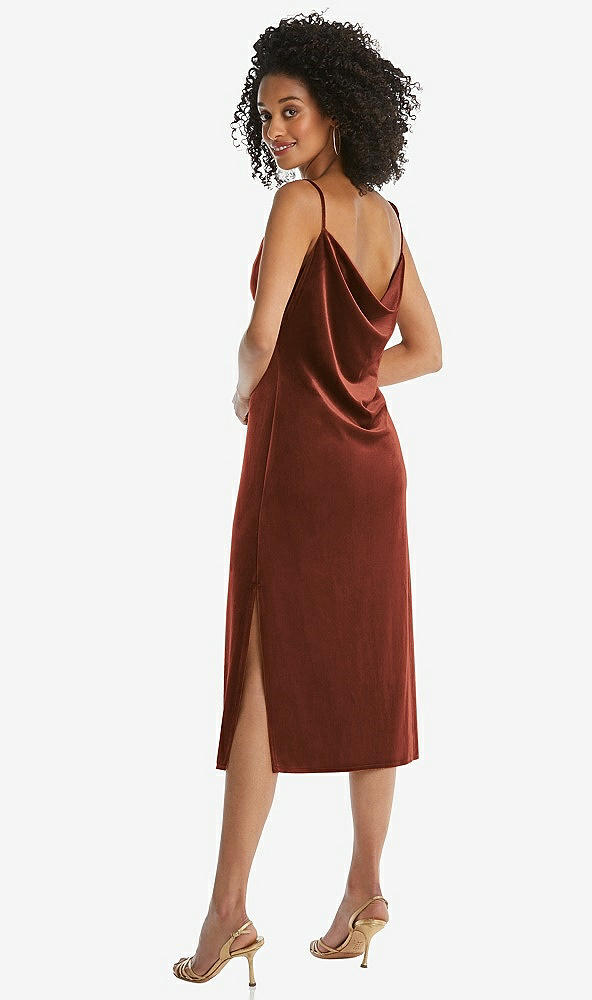 Back View - Auburn Moon Asymmetrical One-Shoulder Velvet Midi Slip Dress