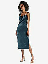 Front View Thumbnail - Dutch Blue Asymmetrical One-Shoulder Velvet Midi Slip Dress