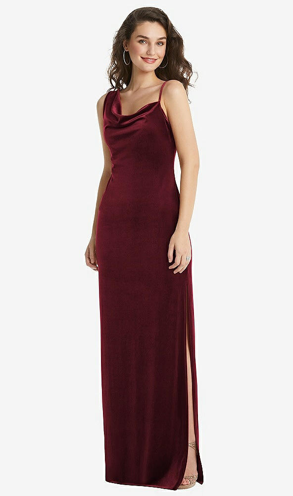 Front View - Cabernet Asymmetrical One-Shoulder Velvet Maxi Slip Dress