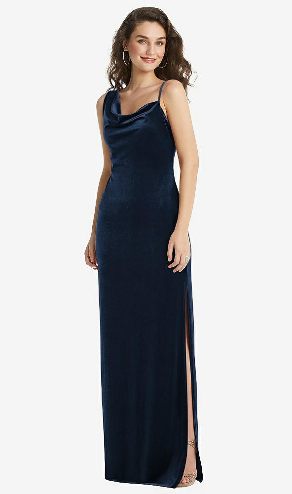 Front View - Midnight Navy Asymmetrical One-Shoulder Velvet Maxi Slip Dress
