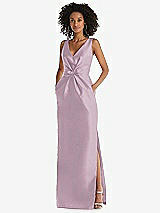 Front View Thumbnail - Suede Rose Pleated Bodice Satin Maxi Pencil Dress with Bow Detail