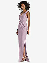 Side View Thumbnail - Suede Rose Pleated Bodice Satin Maxi Pencil Dress with Bow Detail