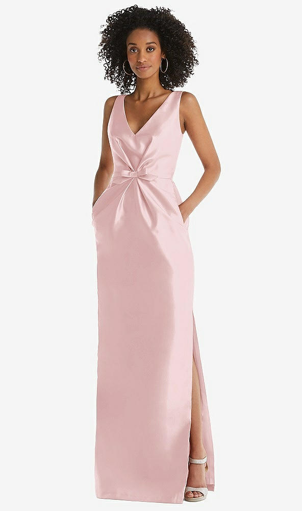 Front View - Ballet Pink Pleated Bodice Satin Maxi Pencil Dress with Bow Detail