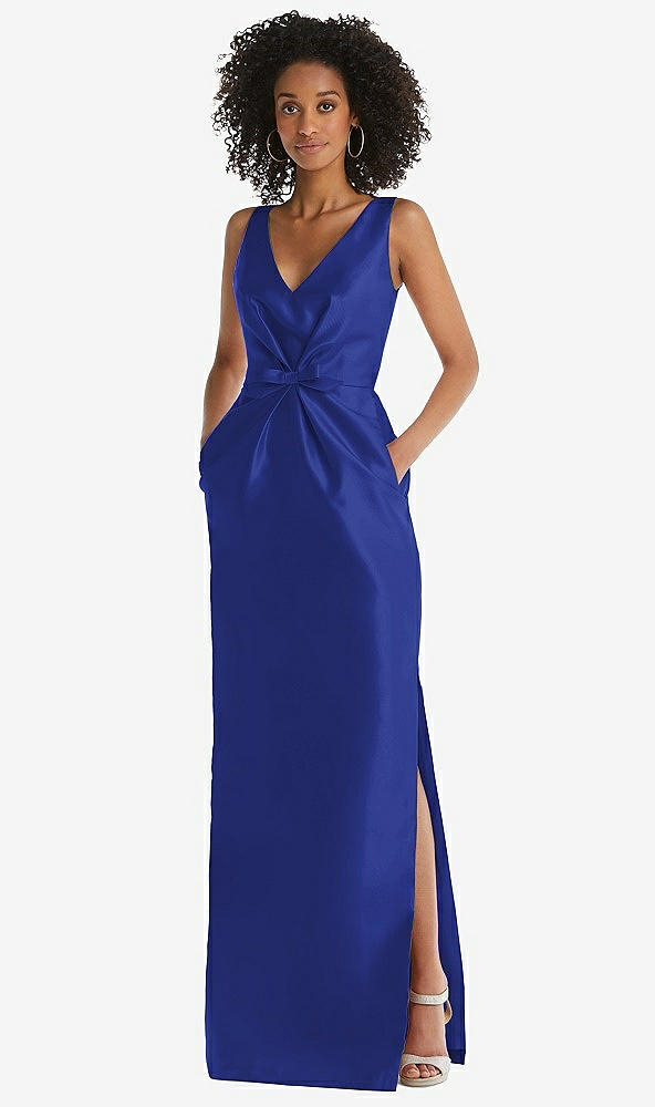 Front View - Cobalt Blue Pleated Bodice Satin Maxi Pencil Dress with Bow Detail