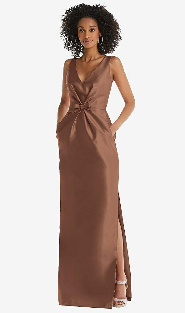 Front View - Cognac Pleated Bodice Satin Maxi Pencil Dress with Bow Detail
