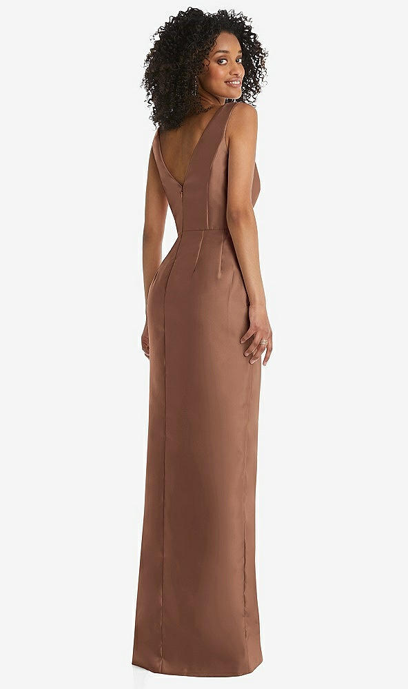 Back View - Cognac Pleated Bodice Satin Maxi Pencil Dress with Bow Detail