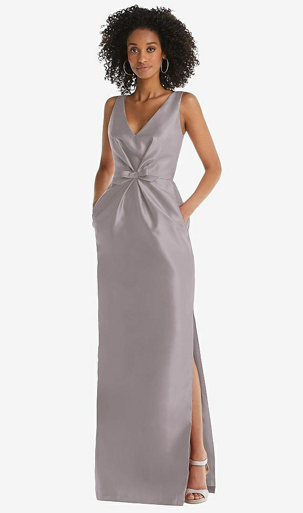 Front View - Cashmere Gray Pleated Bodice Satin Maxi Pencil Dress with Bow Detail