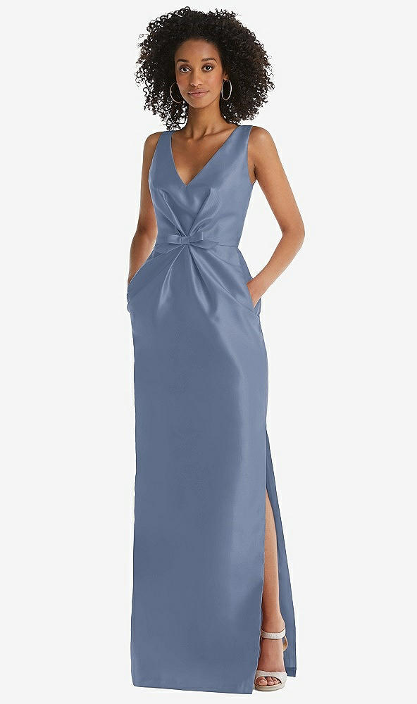 Front View - Larkspur Blue Pleated Bodice Satin Maxi Pencil Dress with Bow Detail