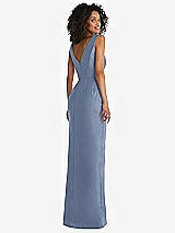 Rear View Thumbnail - Larkspur Blue Pleated Bodice Satin Maxi Pencil Dress with Bow Detail