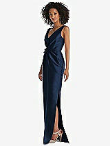 Side View Thumbnail - Midnight Navy Pleated Bodice Satin Maxi Pencil Dress with Bow Detail
