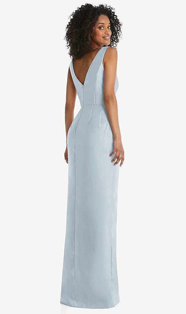 Back View - Mist Pleated Bodice Satin Maxi Pencil Dress with Bow Detail