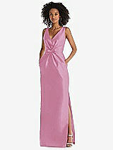 Front View Thumbnail - Powder Pink Pleated Bodice Satin Maxi Pencil Dress with Bow Detail