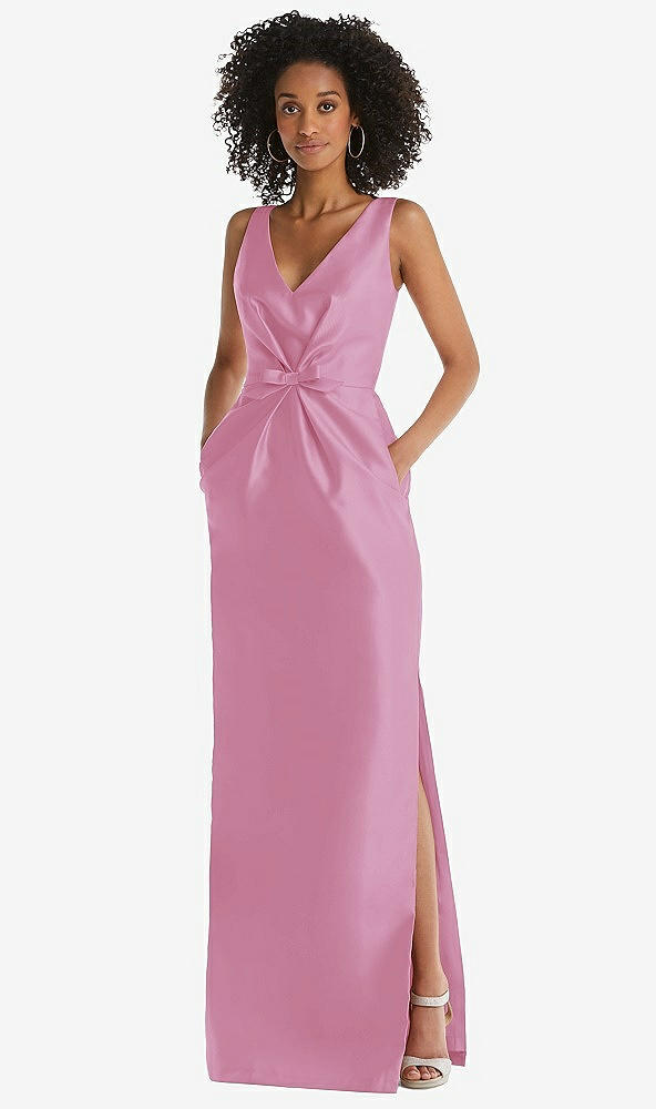 Front View - Powder Pink Pleated Bodice Satin Maxi Pencil Dress with Bow Detail